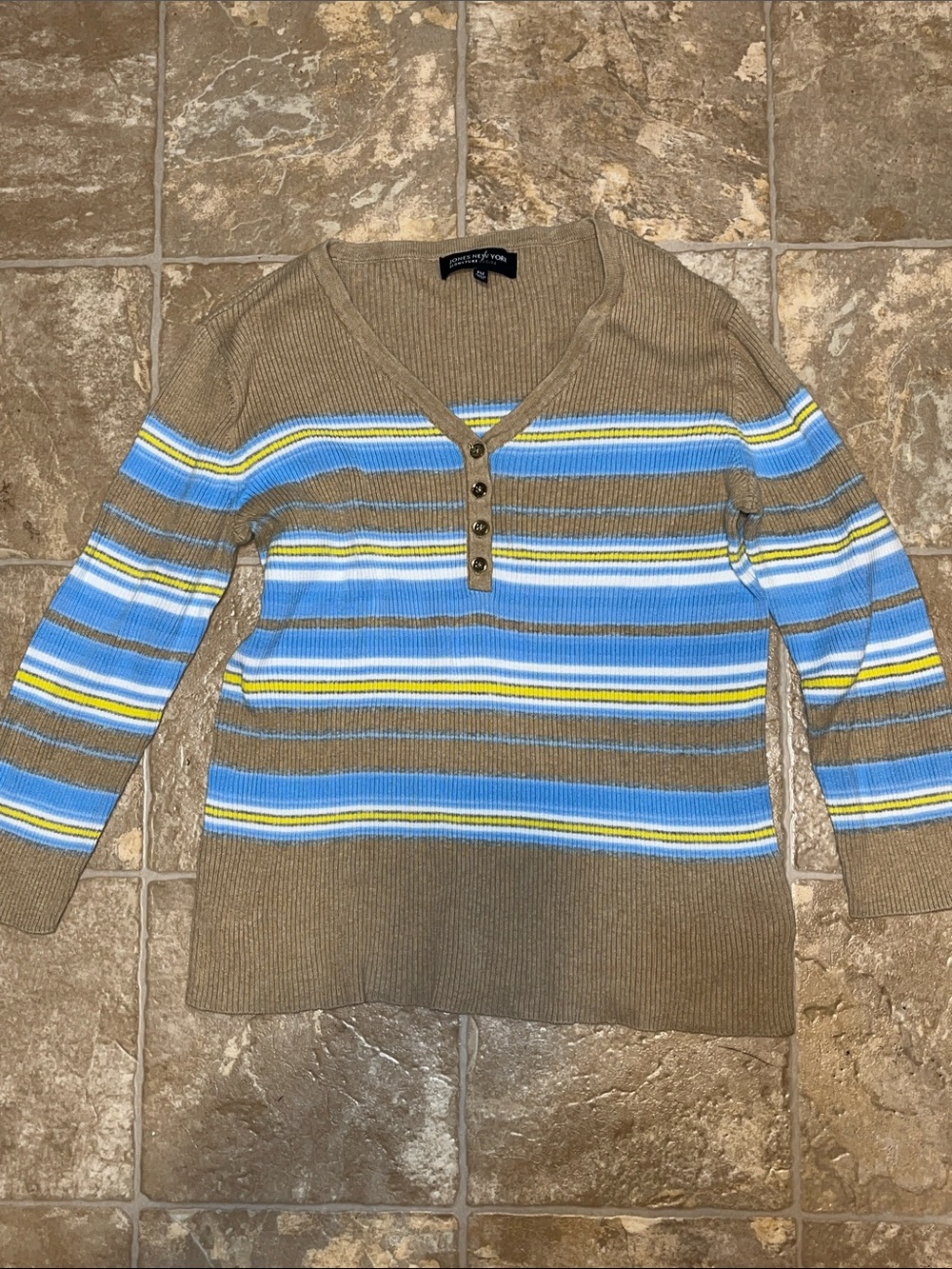 Jones New York Khaki, Blue & Yellow Striped V-Neck Sweater